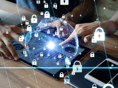 Padlock icons floating around personal devices being actively used