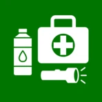 Water bottle, first aid kit, flashlight