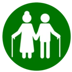 outline of an older man and woman with canes