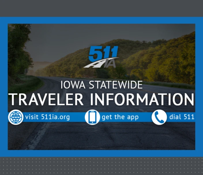 Iowa 511 logo on image of highway. Iowa's Statewide Traveler Information.