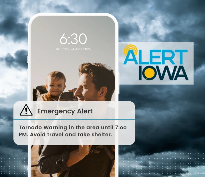 Tornado alert on mobile phone with Alert Iowa logo.