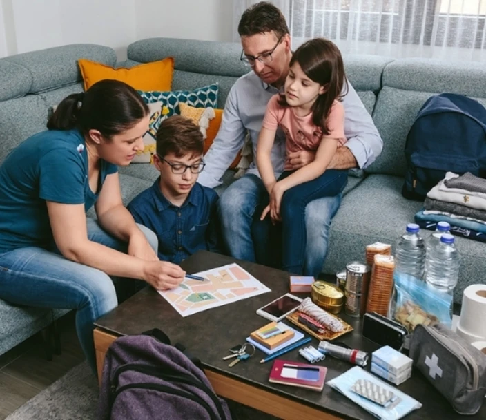 Family sitting on couch discusses evacuation plan.