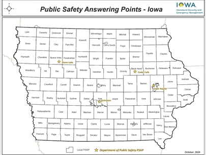 Map showing the location of all of the PSAPs in the state of Iowa 