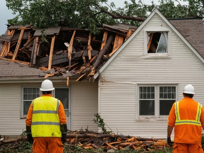 Two construction workers in orange vests and hard hats observe house with tornado damage.