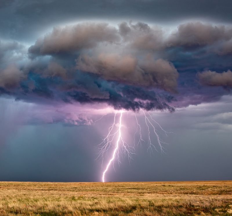 Lightning striking ground during severe thunderstorm