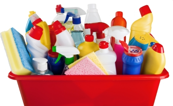 Cleaning products in a red bucket