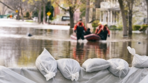 Flooded houses surrounded by sandbags with flood rescue raft transporting people